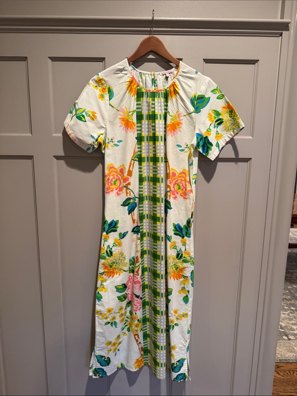 Cream Floral Maxi Dress with Green Checked Panel